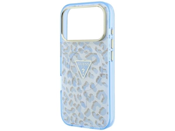 Guess IML Leopard Glitter Triangle Logo MagSafe Case for iPhone 17 Pro Max / 18 Pro Max - Blue