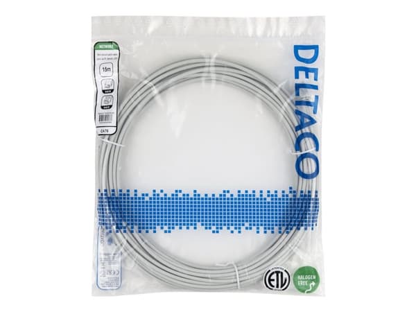 Deltaco U/UTP Cat6-patchkaapeli AWG28, 15,0 m, harmaa, LSZH, 1:1