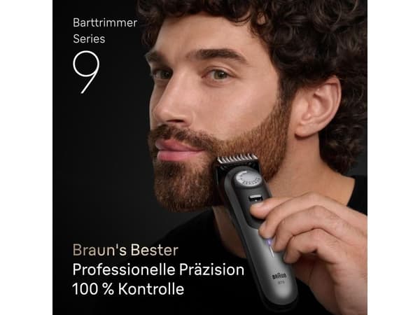 Braun BeardTrimmer 9 BT9560, Vaskbar, Batteri, Sort, Sølv