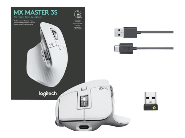 Logitech MX Master 3S Performance Wireless Mouse - Mus - ergonomisk - optisk - trådløs - Bluetooth, 2.4 GHz - Logitech Logi Bolt USB-mottaker - pale