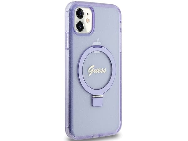 Guess Ring Stand Script Glitter MagSafe-skal för iPhone 11 / Xr - lila