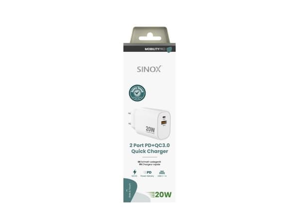 Sinox PRO 230V USB-A + USB-C-laddare 20W. Vit