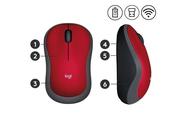 Logitech M185, Molempikätinen, Optinen, Langaton RF, 1000 DPI, Punainen