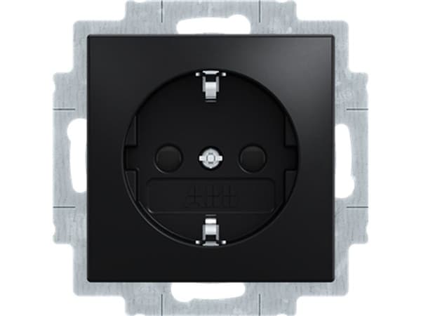 ABB-basic55 Schuko-stikkontakt, mat sort, 16A, 1 modul, leveresinklusive afdækning med pillesikring