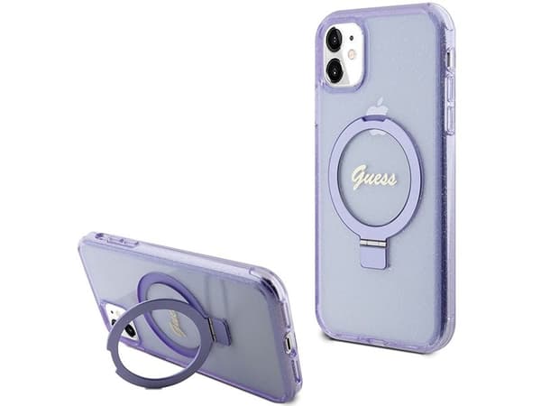 Guess Ring Stand Script Glitter MagSafe-skal för iPhone 11 / Xr - lila