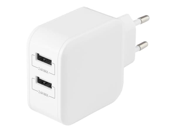 DELTACO - Strömadapter - 24 Watt - 4.8 A - 2 utdatakontakter (USB) - vit
