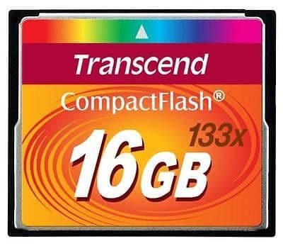 Transcend TS16GCF133, 16 GB, CompactFlash, MLC, 50 MB/s, 20 MB/s, musta