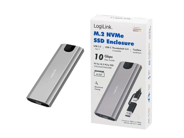 LogiLink UA0439, SSD-inkapsling, M.2, M.2, PCI Express, 10 Gbit/s, Byte under drift (hotswap), Grå