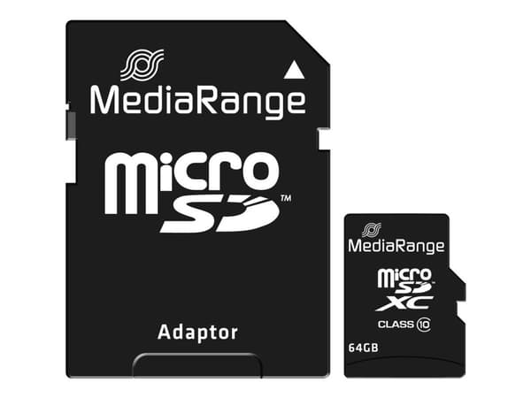 MediaRange - Flashminnekort (microSDXC til SD-adapter inkludert) - 64 GB - Class 10 - microSDXC - svart