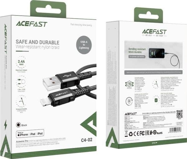 Acefast MFI USB - Lightning kaapeli 1.8m, 2.4A musta (C4-02 A Musta)