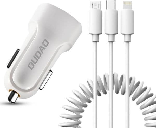 Dudao billader 2x USB 2.4A + USB 3-i-1-kabel Lightning / Type C / micro USB (hvit) (R7 white)