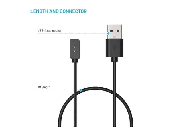 FIXED - Opladningskabel til smartklokke - USB han - 1 m - sort