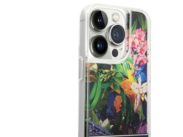 Guess Flower Liquid Glitter mobildeksel til iPhone 14 Pro Max - blå