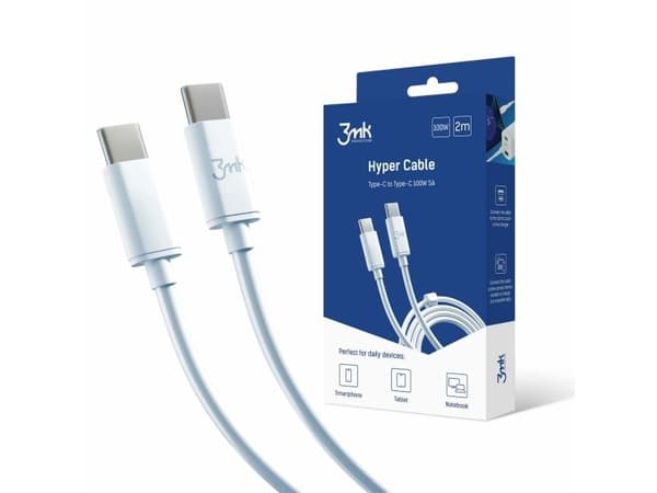 3MK Hyper Cable USB-C/USB-C 2m 100W kaapeli Biały/Valkoinen
