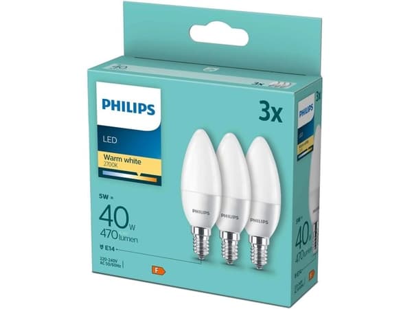 Philips Mignon, 40 W, B35, E14 x 3, 4,9 W, 40 W, E14, 470 lm, 15000 timer, Varm hvit