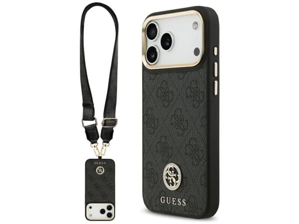 Etui Guess 4G strass-logo & big strap metallknapper MagSafe til iPhone 17 Pro Max, sort