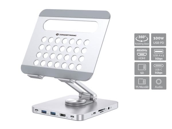 Conceptronic DONN26G, Silver, Surfplatta, Multimediastativ, Aluminium, 100 W, MicroSD (TransFlash), SD, SDHC, SDXC