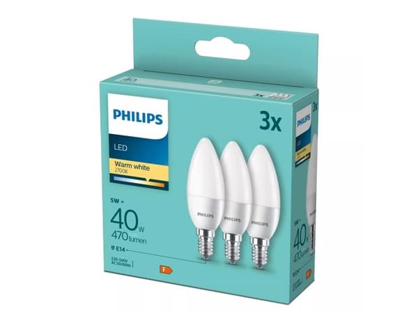 Philips Mignon, 40 W, B35, E14 x 3, 4,9 W, 40 W, E14, 470 lm, 15000 timer, Varm hvit