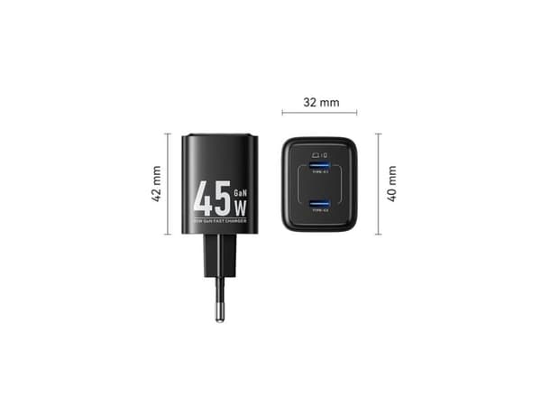 Vention 45W PD GaN-lader, 2x USB-C (svart)