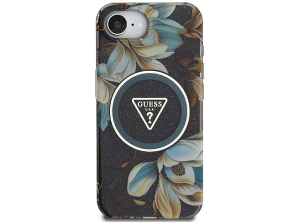 Guess IML Metal Glitter Flowers Triangle MagSafe case for iPhone 16e - black