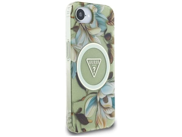 Guess IML Metal Glitter Flowers Triangle MagSafe iPhone 16e Case - Green