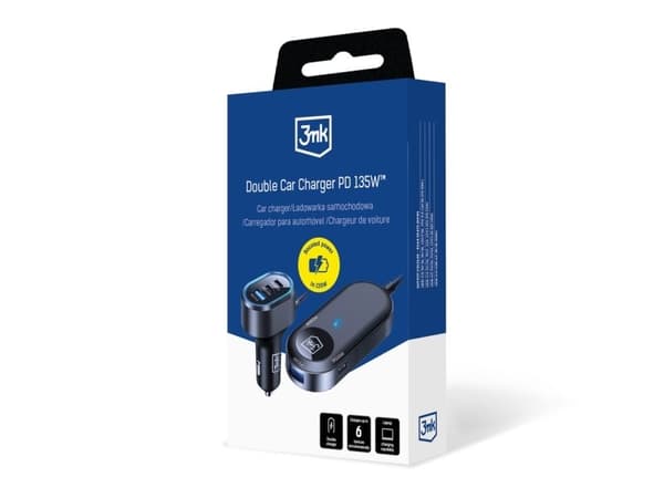 3mk Double biloplader 135W PD QC PPS - USB 2A4C - sort/grå