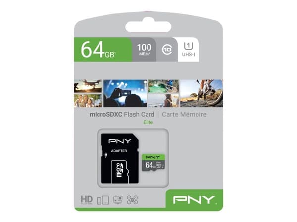PNY Elite, 64 GB, MicroSDXC, Luokka 10, Class 1 (U1), Vihreä, Harmaa