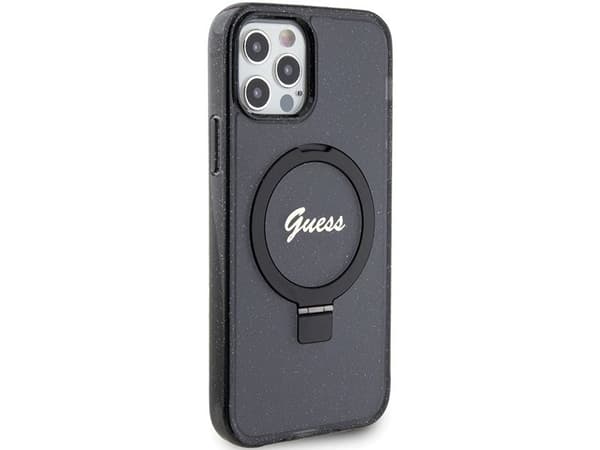 Guess Ring Stand Script Glitter MagSafe-fodral för iPhone 12/12 Pro - svart