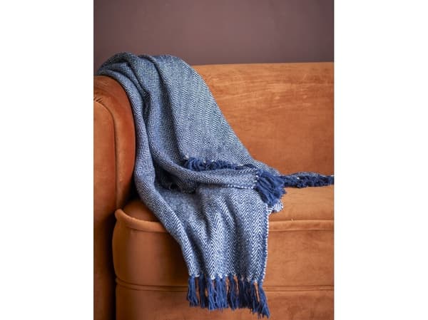 Bloomingville CREATIVE COLLECTION Herringbone pläd Blå återvunnen bomull