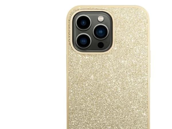 Guess Glitter Script kotelo iPhone 14 Pro - kultainen