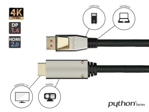 Alcasa PYTHON GC-M0218, 3 m, DisplayPort, HDMI, Hankoppling, Hankoppling, Rak