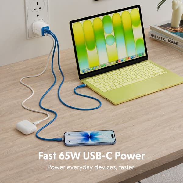 Targus HyperJuice Flex 65W GaN, inomhus, AC, Blå, Vit