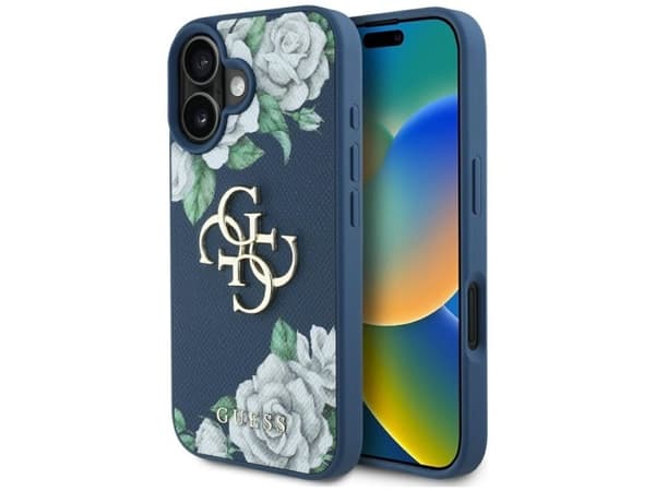 Original Guess-dekal Grained Roses Big 4G för Apple iPhone 16, blå