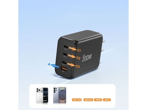 TECH-PROTECT NC200W-GAN 4-PORT NETWORK CHARGER PD 200W / QC3.0 BLACK
