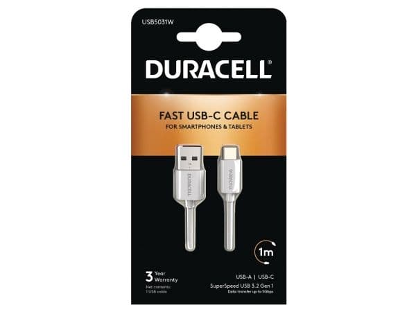 Duracell USB-C lataus- ja datakaapeli, valkoinen 1m