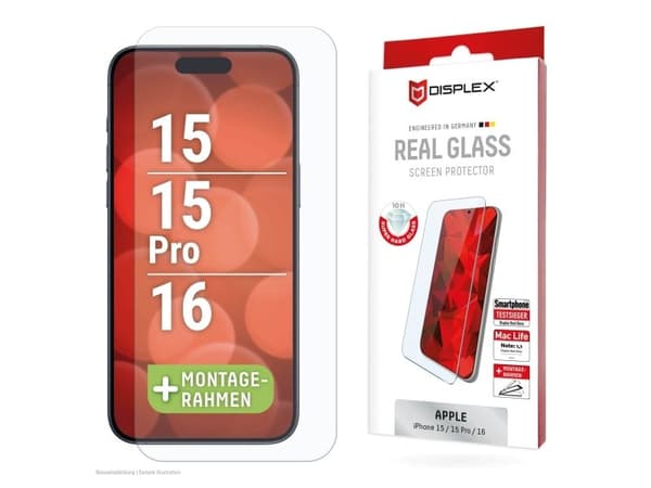 Displex 02012, Apple, iPhone 16, Smudsafvisende, Slagbestandig, Ridseresistent, Transparent, 1 stk