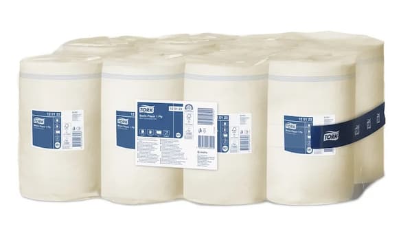 Torkpapper Tork M1 Basic mittmatad 1-lagers vit - (11 rullar per kartong)