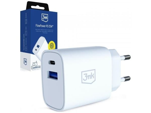 3mk FlowPower 25W 1A1C PD QC4+ vit laddare