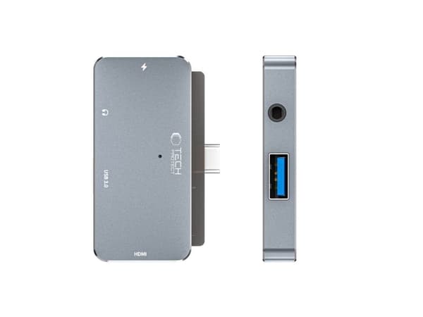 HUB Tech-Protect V6 4-i-1 USB-C - USB-A 3.0 / USB-C PD100W / HDMI / mini-jack 3,5 mm - grå