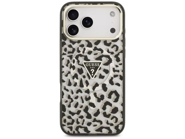 Guess IML Leopard Glitter Triangle Logo MagSafe Case for iPhone 17 Pro Max / 18 Pro Max - Black