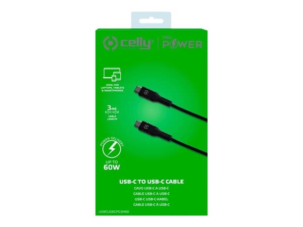 Celly ProPower - USB-kabel - USB-C (hann) til USB-C (hann) - 3 m - svart