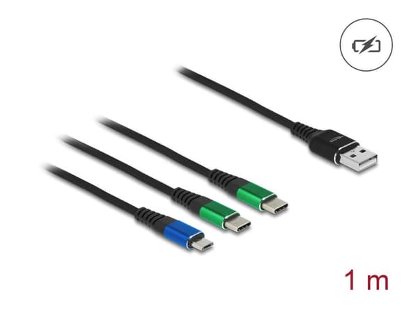 DeLOCK 87882, 1 m, USB A, 2 x USB C/Micro-USB B, USB 2.0, Musta, Sininen, Vihreä