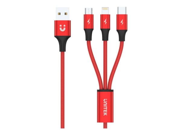 UNITEK C4049RD, 1,2 m, USB A, USB C/Micro-USB B/Lightning, Punainen