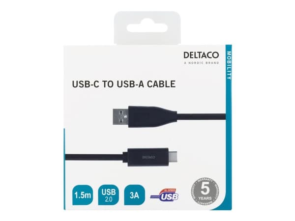 Deltaco USB-C - USB-A-kaapeli, 1,5m, 3A, USB 2.0, musta, 1,5 m, USB C, USB C, USB 2.0, 0,48 Gbit/s, Musta