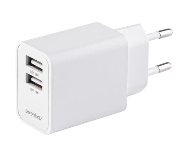USB wall charger 2x USB-A, 2.4 A, total output 17 W, white