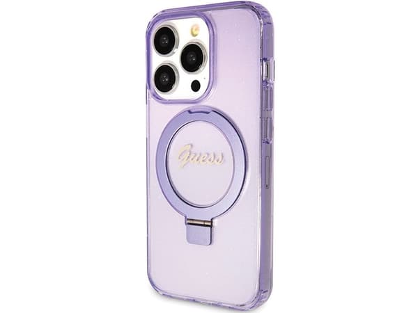 Guess Ring Stand Script Glitter MagSafe suojakotelo iPhone 15 Pro - lilla