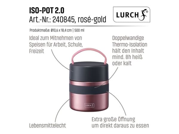 Lurch 00240845, Termisk boks, 0,5 l, 12 timer, Rosegull, Rustfritt stål, 110 mm