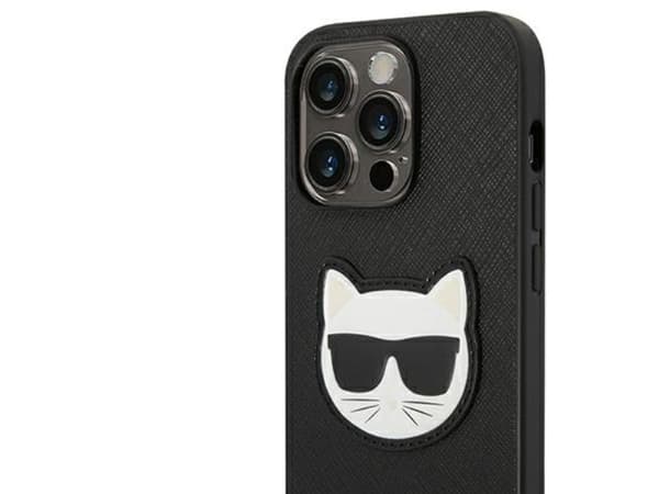 Karl Lagerfeld Saffiano Choupette Head patch-deksel til iPhone 14 Pro Max - svart