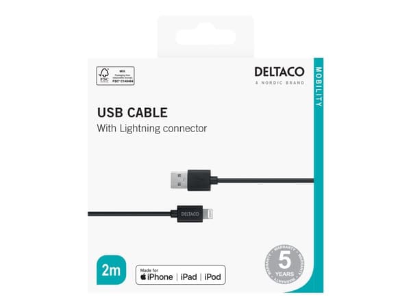 DELTACO – Lightning-kaapeli – USB-uros – Lightning-uros – 2 m – musta