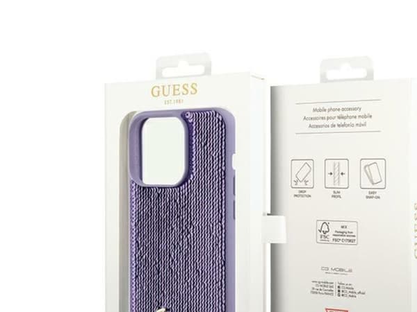 Guess paljett script metall-deksel til iPhone 13 Pro Max - lilla